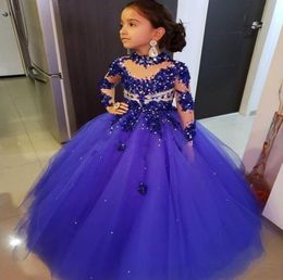 2020 Royal Blue Little Girls Pageant Dresses Long Sleeves Crystal Beaded High Neck Kids Prom Dresses Birthday Party Gowns For Litt2831753