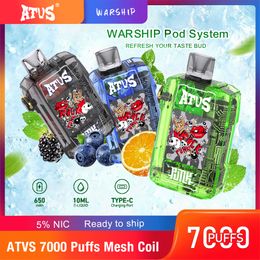 ATVS Warship Puff 7000 7K Puffs Disposable Vape Pen 10ml Prefilled Cartridges Pod 650mAh Rechargerable Battery kit