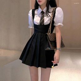 Clothing Sets Women Dress JK Uniform Summer Strap Pleated Skirt Bubble Sleeve Shirt Two-piece Set Japanese Korean Style School Outfits