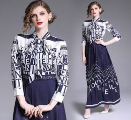 Top Selling Designs Bow Dress Plus Size Women Long Sleeve Lapel Neck Letter Printed Ladies Dresses Slim Elegant Office Pleated Dress7584876