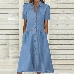 Party Dresses Ladies Fashion Loose Solid Colour Denim Shirt Dress 2024 Summer Short Sleeve Pockets Single Breasted Cardigan XXL