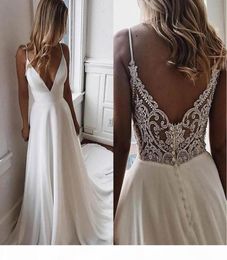 NEW Simple V Neck Chiffon A Line Boho Beach Wedding Dresses Beaded Applique Formal Bridal Gowns Cheap Custom Bride Dress Vestidos 3338490