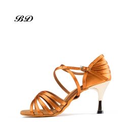 shoes Top Grade Dance Shoes Ballroom Women Latin Shoes Imported Satin Comfortable Sweat Insole Pen Gold Heel Shoe 7.5 cm TAN BD 2324