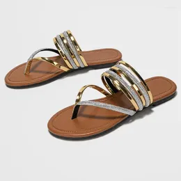 Slippers Women Bohemian Metallic Straps Thong Sandals PU Contrast Color Flat Flops Newest Summer With Box sz 36-45