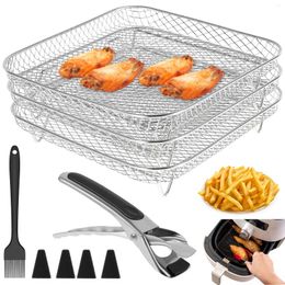 Tools Air Fryer Dehydrator Rack Stainless Steel Grill Square Steam With Oil Brush And Anti-Scald Clip 3-Layer