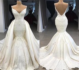 Vintage Mermaid Detachable Train Wedding Dresses 2020 Plus Size Low Backless Spaghetti Straps Appliques 3D Flowers Ruched Vestidos4468535