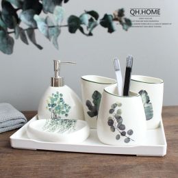 Sets Nordic green plant ceramic sixpiece bathroom products Simple fivepiece wedding bath set Bathroom ceramic set melamine tray