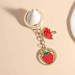 Keychains Lanyards Cute Cartoon Fruit Red Strawberry Umbrella Keychain Gold Colour Plant Enamel Key Chains For Women Men Handmade Jewellery Gifts Q240403