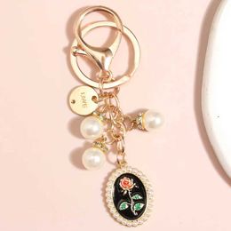 Keychains Lanyards Ins Creativity Keychain Handmade Love Pearl Rose Flower Key Ring Sweet Chains For Women Girls Handbag Pendant Accessorie Q240403