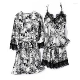 Home Clothing Summer Satin Women Casual Kimono Bathrobe Gown 3PCS Pajamas Suit Print Flower Nightwear Intimate Lingerie
