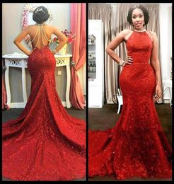 2017 Vestido de novia Red Mermaid Evening Dresses Full Lace With Sequined Long Halter Pearls Sexy Open Back robe de soiree2354501
