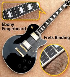 whole Top Quality LP Custom Shop Black Colour Electric Guitar ebony Fretboard Binding frets Golden Hardware7240291