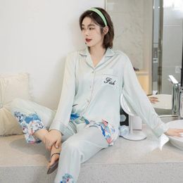 Home Clothing Blue Pyjamas Set For Girls Satin Sleepwear Lapel Nightgown 2024 Homewear Trouser Suits Female Lingerie Intimate Nightwear