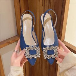 Sandals Slingback Crystal Mules Shoes Woman 2024 Trend Korean Sexy Pointed Toe Summer Slippers Women Square Heel