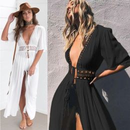 Women's Summer Dress 2024 Lady Lace Boho Beach Swimsuit Bikini Cover Up Lace-Up Long Blouse Hollow Out Sun Protection