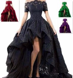 wedding dress short front long back strapless HiLo floor length black lace wedding dress Lace Up Back Custom Size7481866