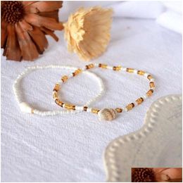 Anklets المجوهرات البوهيمية على الطراز العرقي على شاطئ الأرز حبة القضبان سلسلة مزدوجة طبقة مجموعة