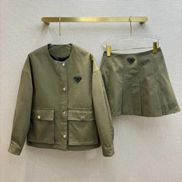 Work Dresses Spring And Summer Style Double Army Green Round Neck Coat Short Pleated Skirt. A Set