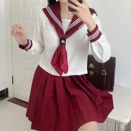 Clothing Sets Spring Autumn Long Sleeve JK Uniform Wine Red Three-lines Sailor Suit Girls Pleated Skirt Set School Outfits Anime Cos