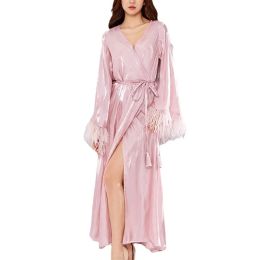 2024 Summer Women's New Retro 2-color V-neck Ostrich Hair Waist length Women's Lace up Split Sexy Pyjama Long Dress