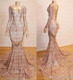 Vintage Arabic Rose Gold Prom Dresses V Neck Mermaid Long Sleeve See Through Open Back Evening Gowns4872009