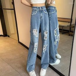 Women's Jeans Summer Retro Woman Denim Sweatpant Ripped Hole Trouser Spring Wide-leg Jean Pant