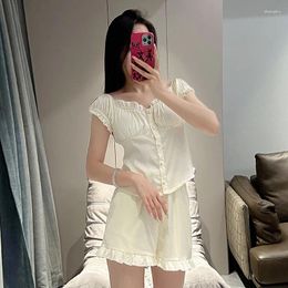 Women's Sleepwear Ruffles Pyjamas Set Women Pyjamas Suit Short Sleeve Shirt Shorts Nightsuits Summer Satin Homewear