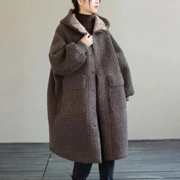 Women's Fur 2024 Fashion Faux Jacket Women Autumn Winter Literature Art Vintage Loose Hooded Lamb Coat Female Mid-Length Overcoat