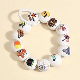 Keychains Lanyards New Jewellery Design Creativity Keychain Colorful Handmade Halloween Wood Beads Key Ring For Women Men Bracelet Car Keys Gifts Q240403