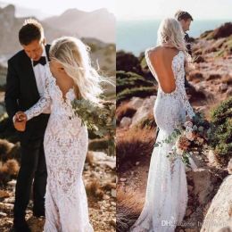 Dresses Vintage Country Style Beach Full Lace Mermaid Wedding Dresses Deep V Neck Applique Floor Length Backless Wedding Dress Bridal Gown