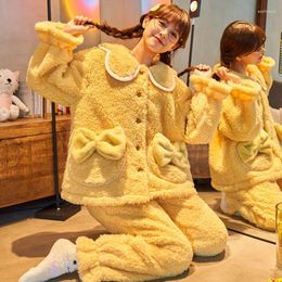 Home Clothing Yellow Sleep Set Winter Flannel Sleepwear Women 2PCS Pyjamas Suit Long Sleeve Homewear Intimate Lingerie