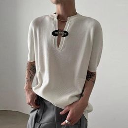 Men's T Shirts High Street Buckle Button Knitted Pullover 2024 Luxury Solid V-Neck Slim Men Clothing Fashion Short Sleeve Male Shirt Top