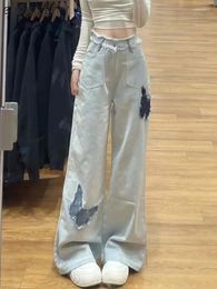Women's Jeans Women Spliced Sweet Butterfly-print Gentle Korean Style Bleached Spring Autumn Loose Denim Trousers Streetwear Fashion