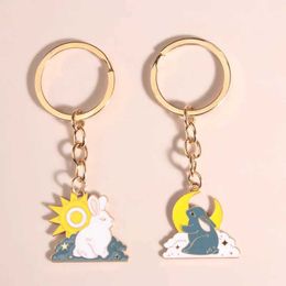 Keychains Lanyards Couple Enamel Keychain Lovely Rabbit Animals Sun Moon Key Rings Friendship Lovers For Women Girls Men Gifts DIY Handmade Jewellery Q240403