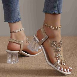 Dress Shoes Elegant Rhinestone Block Heels - Womens Faux Leather Square Toe Sandals with Comfy Elastic Strap