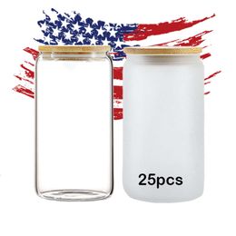 Hot Sale 16oz 25oz Frosted Clear Bottles Water Bottle Sublimation Blanks Beer Glass Can Cup with Bamboo Lid and Straw