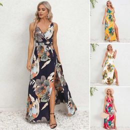 Casual Dresses Women Summer Dress V Neck Colorful Print Sleeveless Lace-up Belt Split Hem Pleated Beach Vacation Maxi