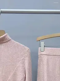 Work Dresses Women Pit Strip Pink Knit Set Long Sleeve Turtleneck Sweater Or Elastic Waist A-Line Midi Skirt Suit For Female
