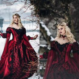 Dresses Gothic Sleeping Beauty Princess Mediaeval Burgundy Black Wedding Dresses Long Sleeve Lace Appliques Bridal Gowns Victorian Masquera