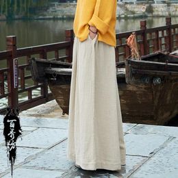 Women's Pants Summer Cotton Linen Original Women Soft Wide Leg Retro Long Loose Skirt Chinese Style Elastic Waist Ethnic Trousers