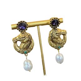 Mediaeval vintage high-end horse head ear buckle fashionable design purple zircon pearl earrings Jewellery