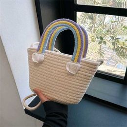 Daily Wear Beach Bags Summer Cute Rainbow Cloud Handheld Bag Handmade Cotton Thread Woven Vacation Leisure Grass