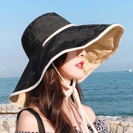 Wide Brim Hats Bucket Fashionable womens sun protection beach hat spring and summer large bucket edge UV UPF 50+ Q240403