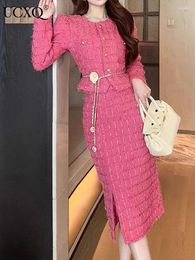 Work Dresses UCXQ Korean Style Elegant Pink Tweed Cardigan Top Split Skirt Fashion All-match Two-piece Set Women 2024 Spring Summer A8122