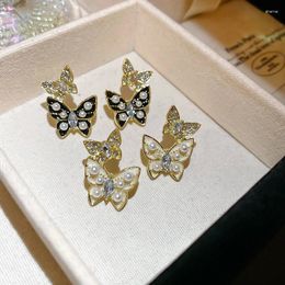 Stud Earrings Sweet Rhinestone Pearl Butterfly For Women Fashion Temperament Party Jewelry