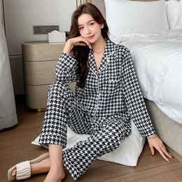 Home Clothing Black Plaid Women Satin 2PCS Sleep Set Intimate Lingerie Casual Nightwear Long Sleeve Spring Autumn Pyjamas