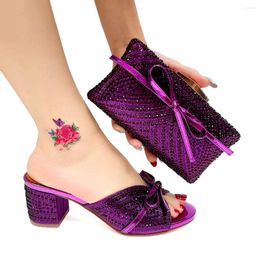 Dress Shoes Fashion Purple Women Match Bow-knot Purse With Rhinestones Decorate African Pumps And Handbag Set A1075 Heel 5.5CM