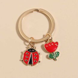 Keychains Lanyards Cute Enamel Keychain Flower Ladybird Key Ring Beetles Animal Chains For Women Men Handbag Accessorie DIY Handmade Jewelry Q240403