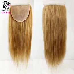 5x5 Gloden Blonde Human Hair Closure Skin Base Silicone Silk Top Lace Pre Plucked with Baby Free Part Color #27 240402
