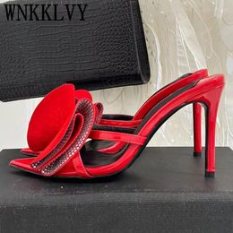 Slippers Bow Decoration High Heels Women Crystal Design Slim Heel Pointed Open Toe Summer Banquet Sexy Dress Shoes